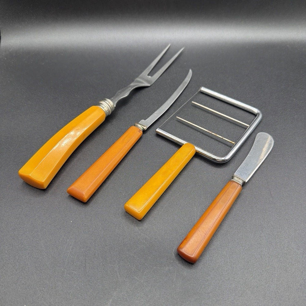 Vintage Bakelite Butterscotch Stainless Steel Meat Forks Set Cheese Set Orange